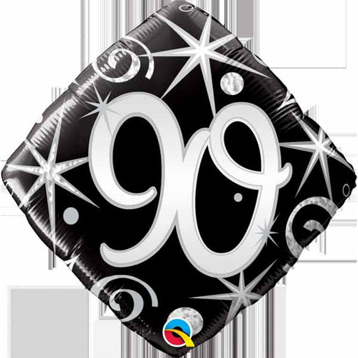 Stylish 18-inch 90th Birthday Elegant Sparkles &amp; Swirls Foil Balloon in black and silver, adding a touch of sophistication to your milestone celebration