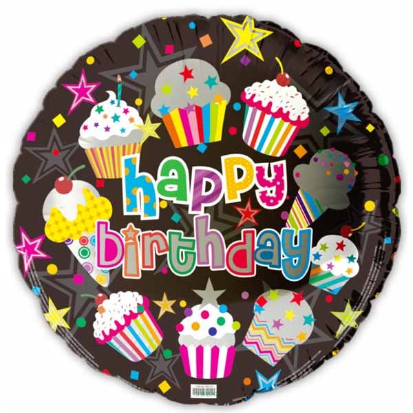 Happy Birthday Cupcakes & Stars 18-Inch Foil Balloon