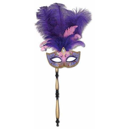 Masque de Mardi gras à plumes et paillettes avec tige