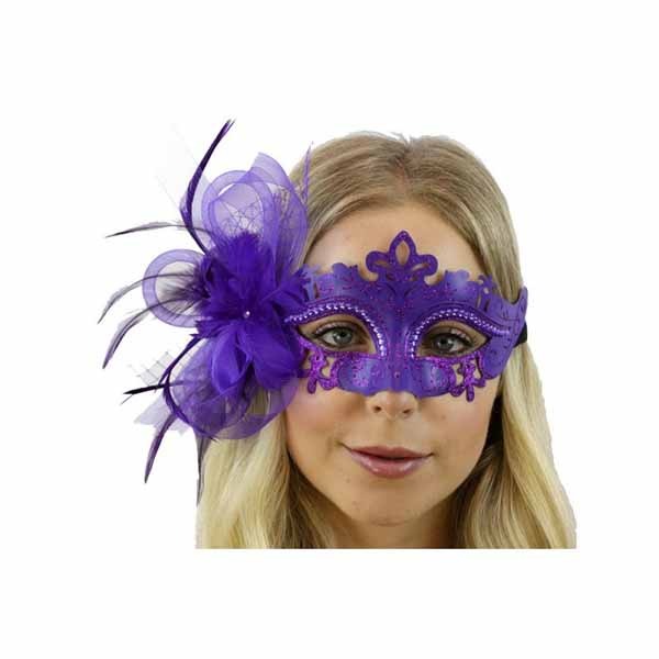Purple Feather and Flower Masquerade Mask