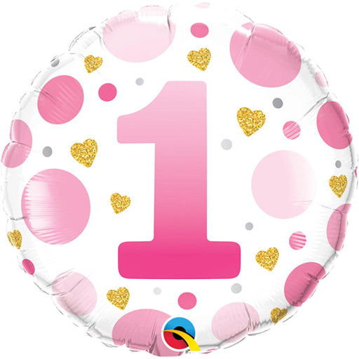 Age Number 1 Pink Dots Birthday Party 18" Round Foil Balloon (5/Pk)