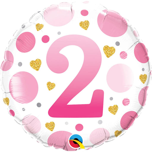 Age Number 2 Pink Dots Birthday Party 18" Round Foil Balloon (5/Pk)