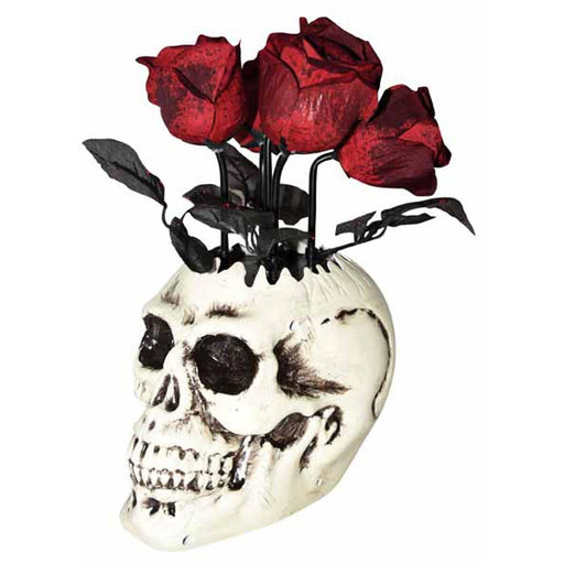 "Animated Skull Vase With Black Roses"