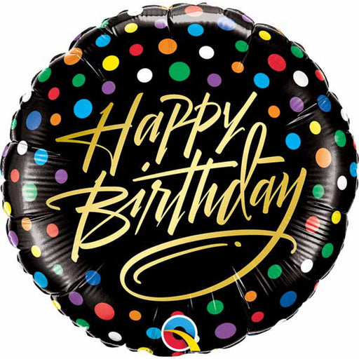 An 18-inch multicolor foil balloon with elegant gold script and dots, perfect for a sophisticated Happy Birthday celebration