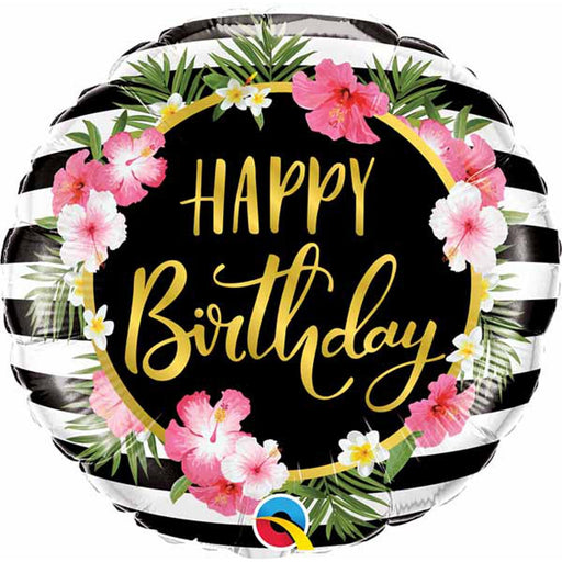 A 18-inch multicolor foil balloon adorned with hibiscus stripes, perfect for a tropical-themed Happy Birthday celebration