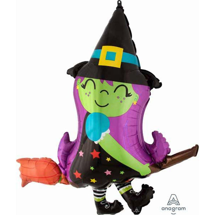 Cute Witch On Broom 38" Foil Balloon.