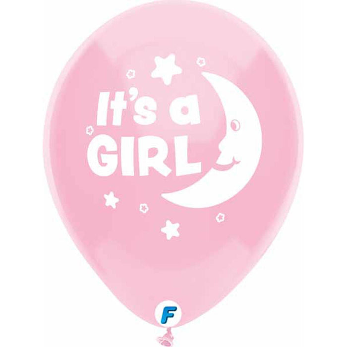 Funsational 12" It's A Girl Moon Pink Gender Reveal Latex Balloons (8/Pk)