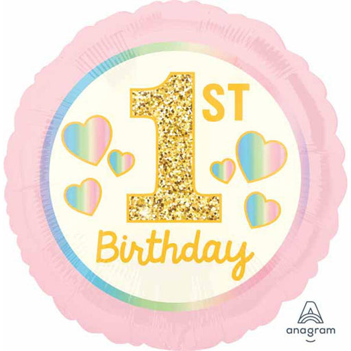 18" Girl 1st Birthday Round Balloon: Pink & Gold Celebration! (5/Pk)