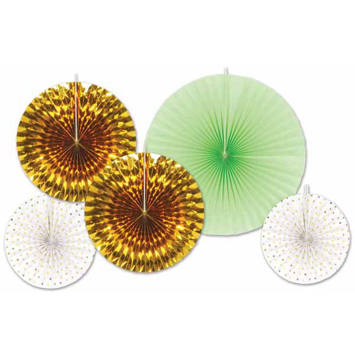 "Gold And Matte Green Deco Fans - Set Of 5"