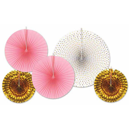 Gold And Pink Deco Fan Set - 5 Fans (Paper/Foil)