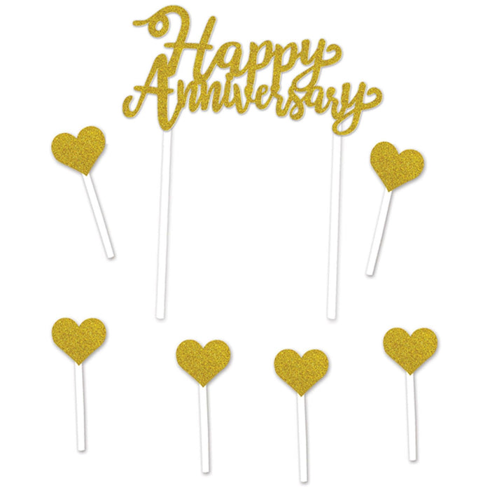 "Happy Anniversary Cake Topper - Elegant Design With Gold Glitter Accents (1/Pkg)"