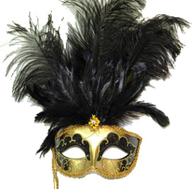 Black and Gold Feathered Venetian Mask with Stick