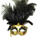 Black and Gold Feathered Venetian Mask with Stick