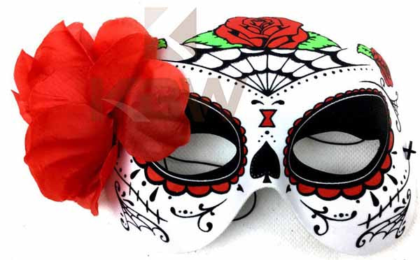 Day of the Dead Half Mask with Red Flower