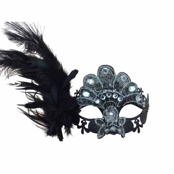 Black and Silver Gem Feather Masquerade Mask