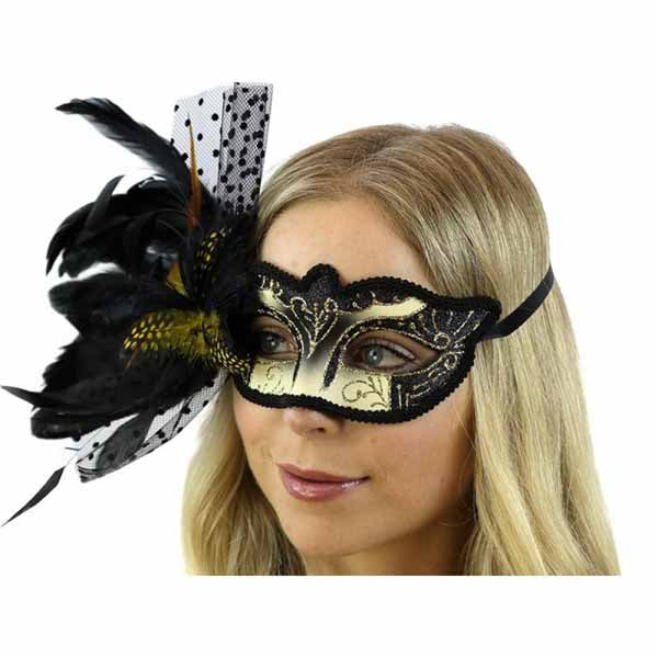 Black and Gold Feather Masquerade Mask