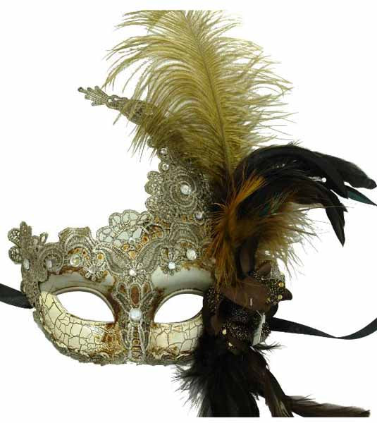 Silver Lace Masquerade Mask with Feathers