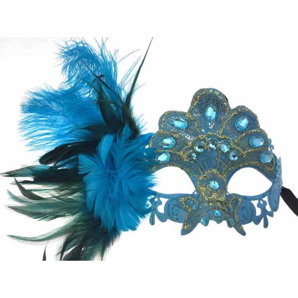 Blue Gem Feather Masquerade Mask