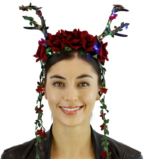 Black Antler Headband with Red Flower