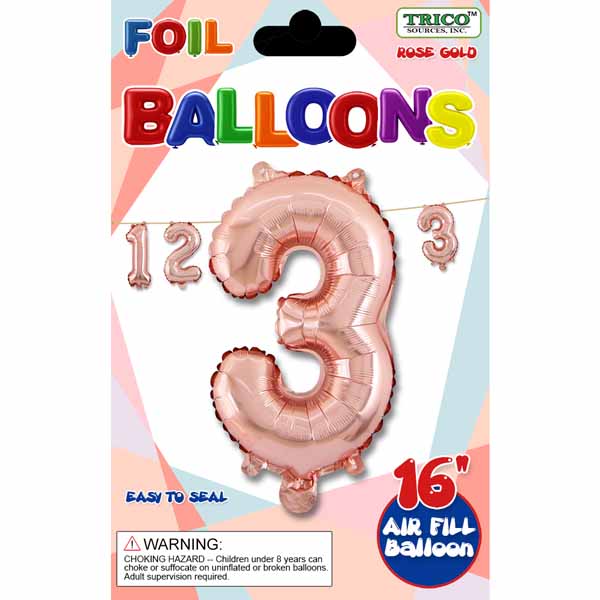 16-Inch Rose Gold Number 3 Foil Balloon