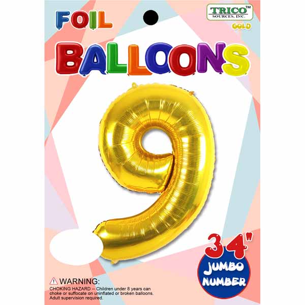 Gold Number 9 Foil Balloon, 34 Inch