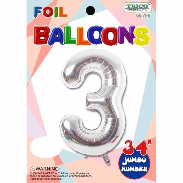 34-Inch Silver Number 3 Foil Balloon