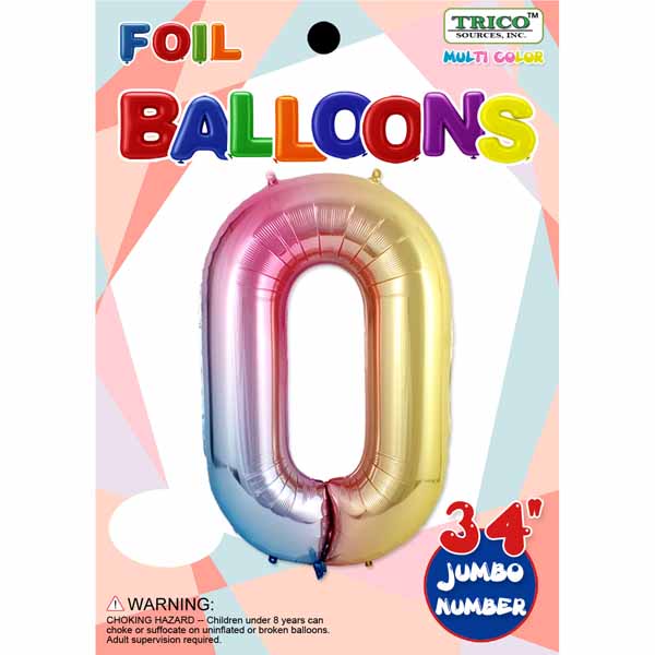 34 Inch Rainbow Number 0 Foil Balloon