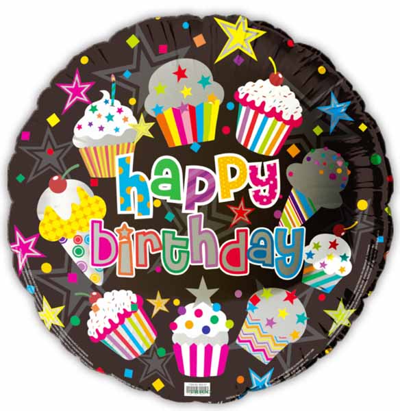 Happy Birthday Cupcakes & Stars 18-Inch Foil Balloon