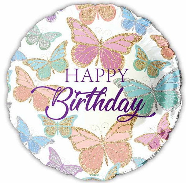 Happy Birthday Glitter Butterflies 18" Round Foil Balloon (5/pk)