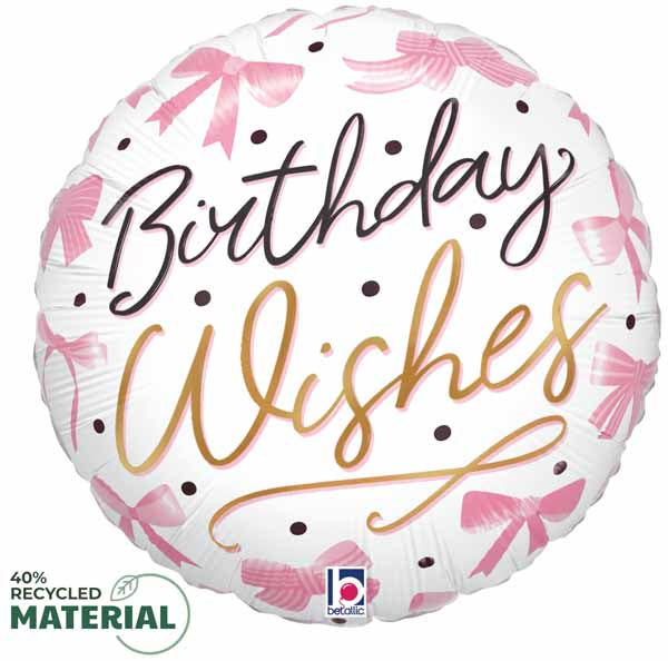 Pink Bow Birthday Wishes 9-Inch Round Foil Balloon