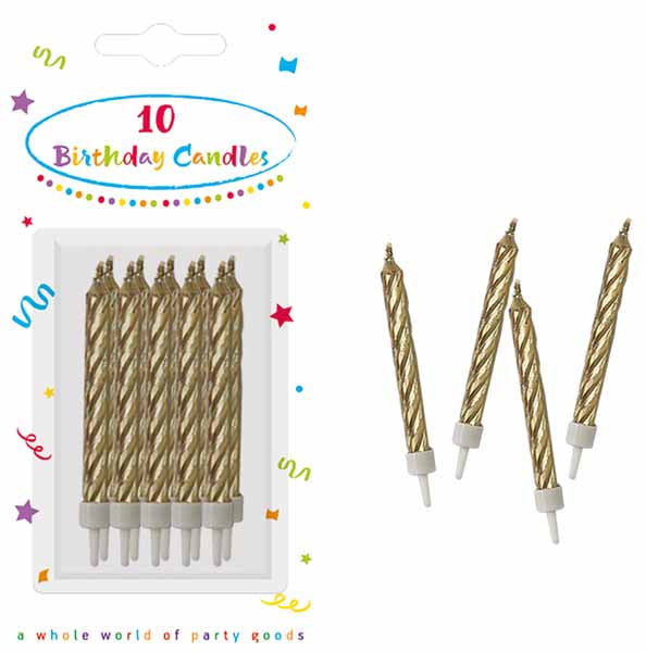 Gold Spiral Birthday Candles with Holders, 10 Pack