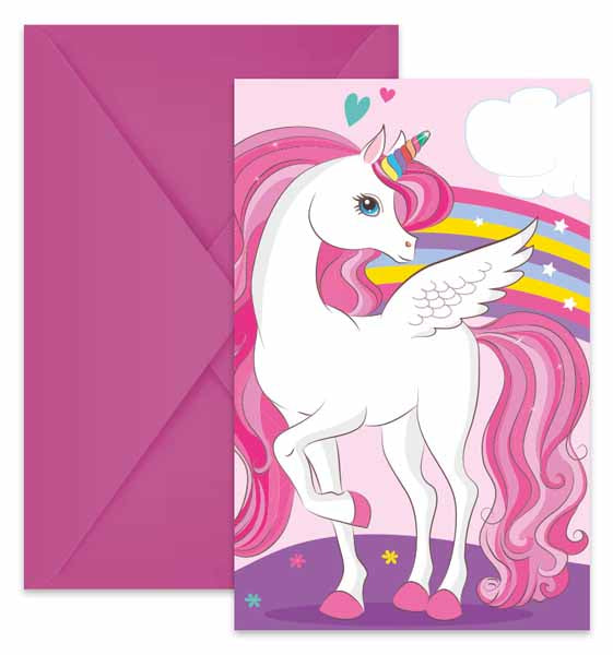 Unicorn Rainbow Party Invitations with Envelopes, 6 Pack