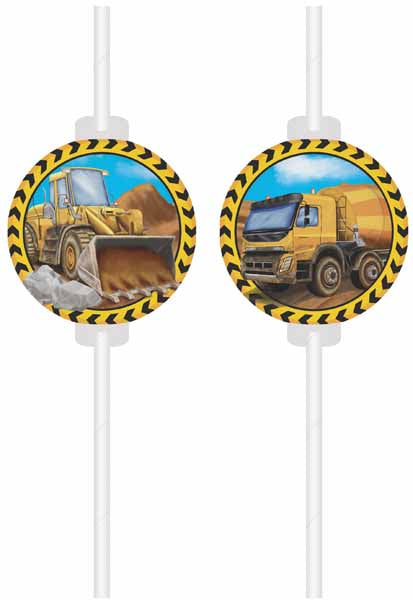 Construction Vehicle Paper Straws with Medallions, 4 Pack