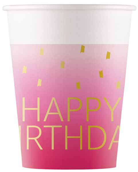 PAPER CUPS 7 OZ 8/PK GOLD HBDAY PINK