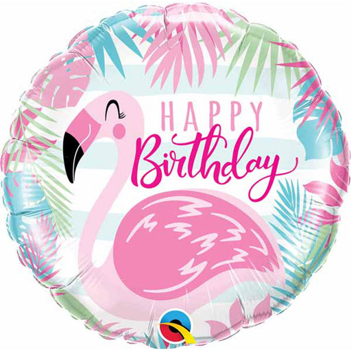 An 18-inch multicolor foil balloon adorned with a birthday pink flamingo, perfect for a playful and tropical celebration