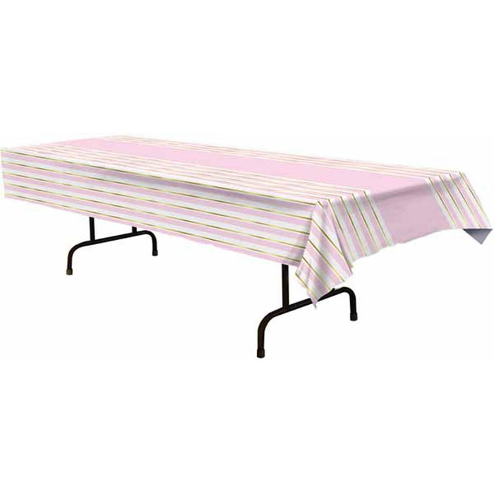 "Striped Tablecover - 54" X 108" Pk/Wt/Gd"