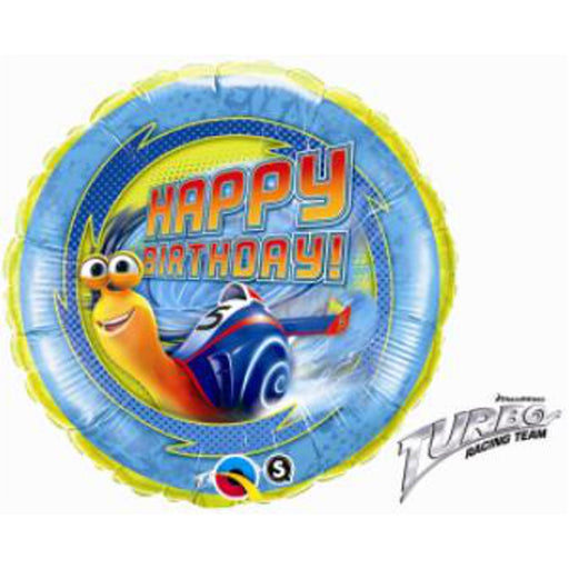 Turbo Snail Power 18-inch Happy Birthday Balloon in a dynamic blue color, injecting a burst of celebration and excitement into your party