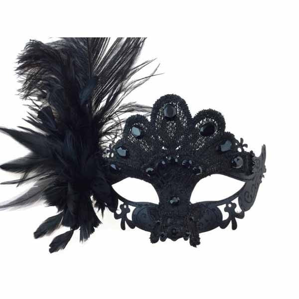 Black Gem Feather Masquerade Mask