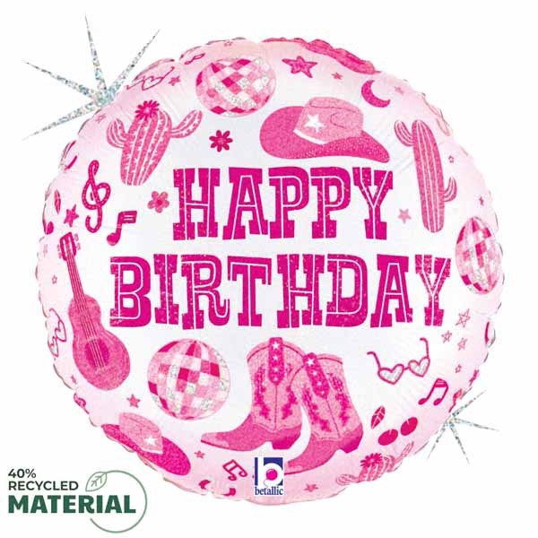 Disco Cowgirl Happy Birthday 18" Round Holographic Foil Balloon