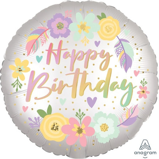 Boho Birthday Flowers 18" Round Foil Balloon