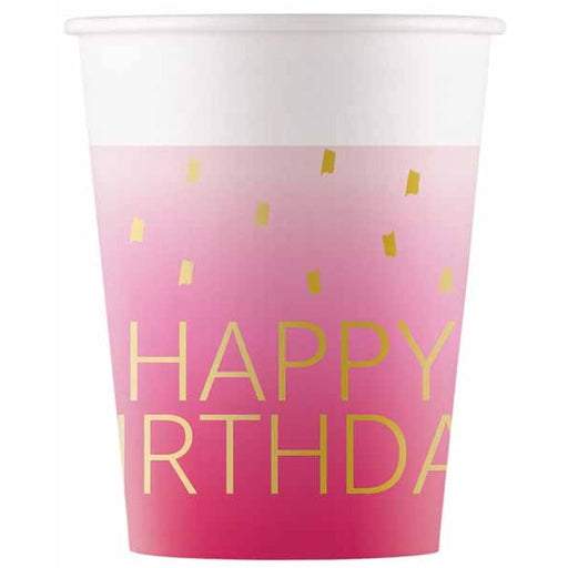 PAPER CUPS 7 OZ 8/PK GOLD HBDAY PINK