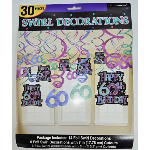60th Birthday Hanging Swirl Decorations, 30 Pack