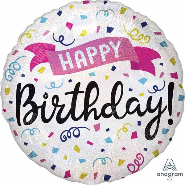 Happy Birthday Sparkle Banner 18" Round Holographic Foil Balloon