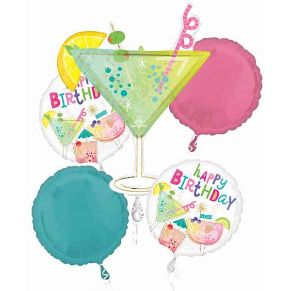 Cocktail Surprise Happy Birthday Foil Balloon Bouquet, 5 Piece
