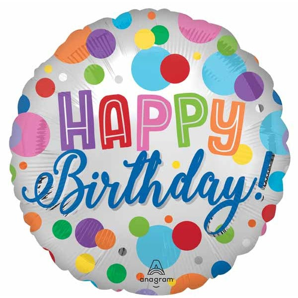 Satin Happy Birthday Orbs 18-Inch Round Foil Balloon