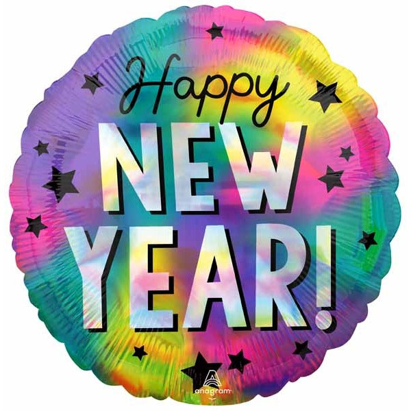 Happy New Year Stars 18-Inch Round Holographic Foil Balloon