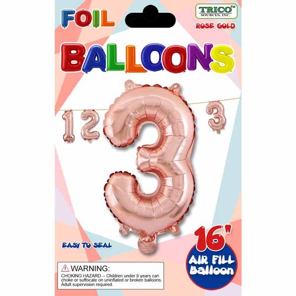 16-Inch Rose Gold Number 3 Foil Balloon
