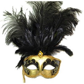 Black and Gold Feathered Venetian Mask with Stick