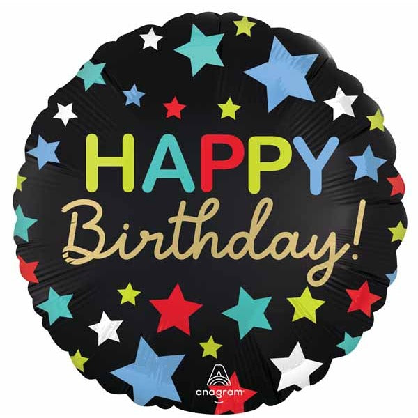 Satin Happy Birthday Stars 18-Inch Round Foil Balloon