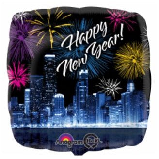 Happy New Year Skyline and Fireworks 18-Inch Foil Balloon